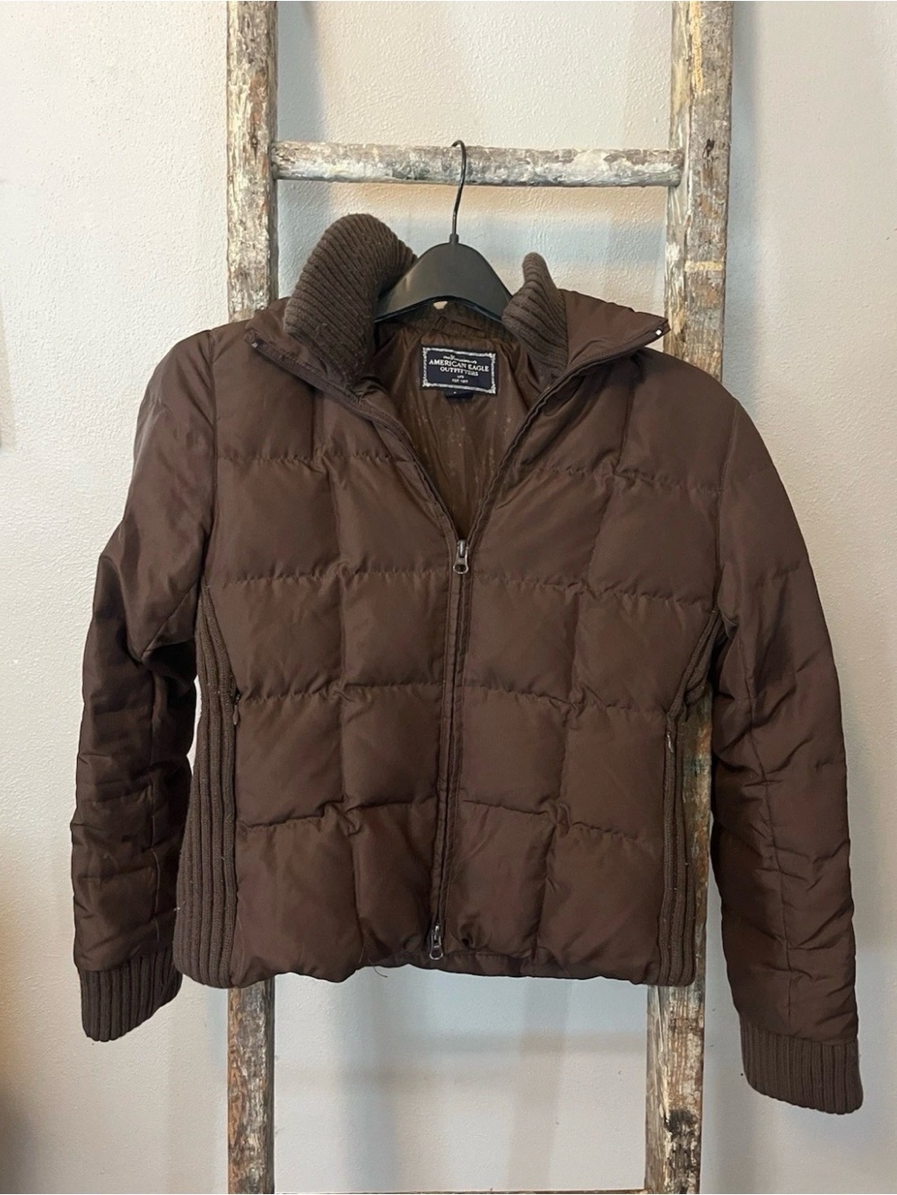 Y2K American Eagle Outfitters ladies brown Puffer Jacket Coat Zip Pockets size S